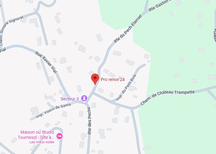 Localisation Pro renov'24 : Plan d'Accès et Itinéraire Plan de quartier avec marqueur rouge Pro renov'24 situé entre Rue Xavier Vial et Route des Pechs.
