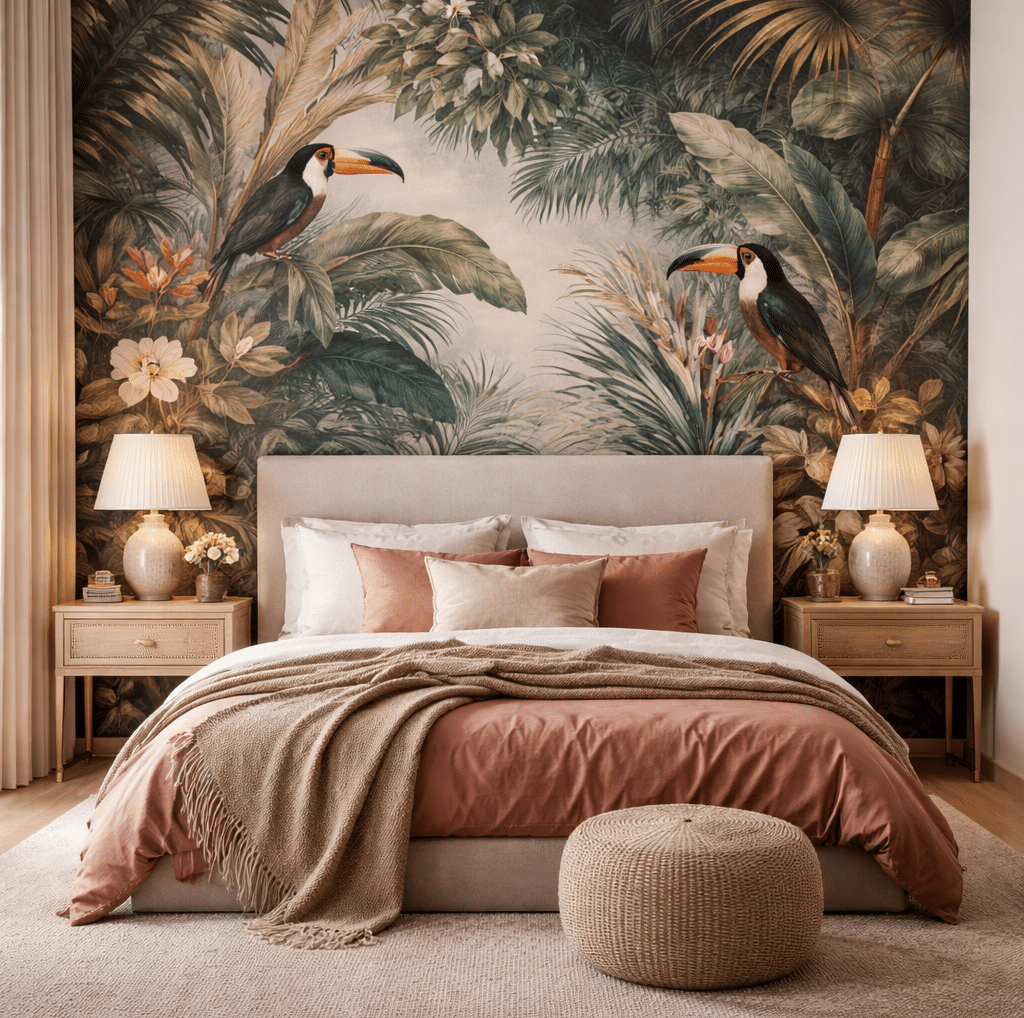 Chambre Tropicale Chic : Papier Peint Toucan et Terracotta Chambre à coucher élégante avec papier peint tropical toucan, literie terracotta et mobilier en bois naturel.
