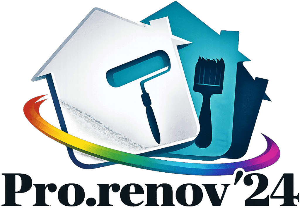 Logo Pro.renov'24 : maisons, rouleau et pinceau de peinture avec un arc coloré dynamique pour rénovation professionnelle.