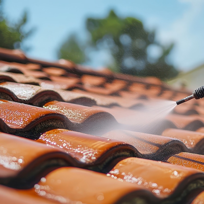 Nettoyage de toiture haute pression pour des tuiles propres Nettoyage d'une toiture en tuiles avec un jet d'eau haute pression pour un entretien efficace.