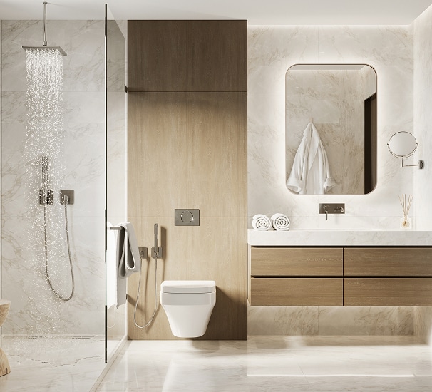 Salle de Bain Moderne : Design Luxe en Marbre et Bois Salle de bain luxueuse avec douche à l'italienne, carrelage marbre, toilette suspendue et meuble vasque en bois.